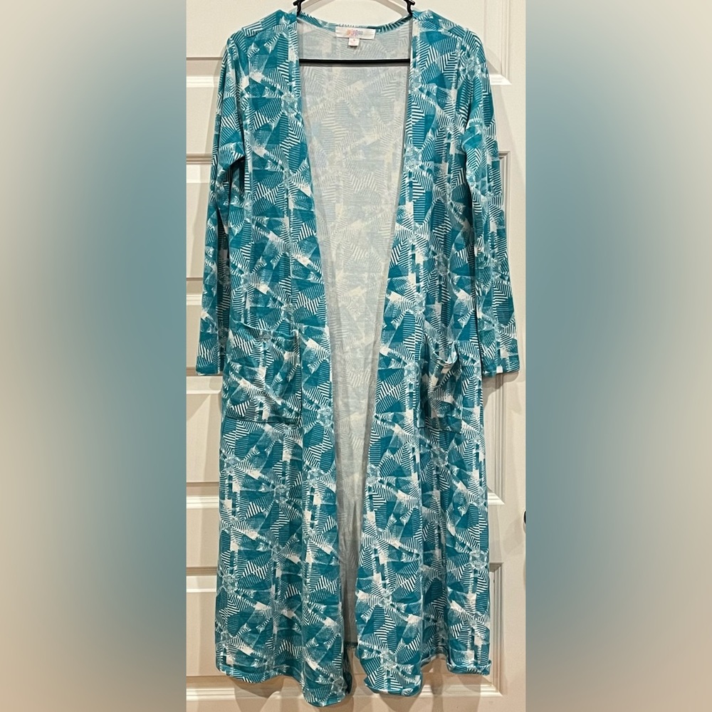 LulaRoe Sarah Women’s Teal Blue & White Graphic Full Length Flowy Duster- Size S
